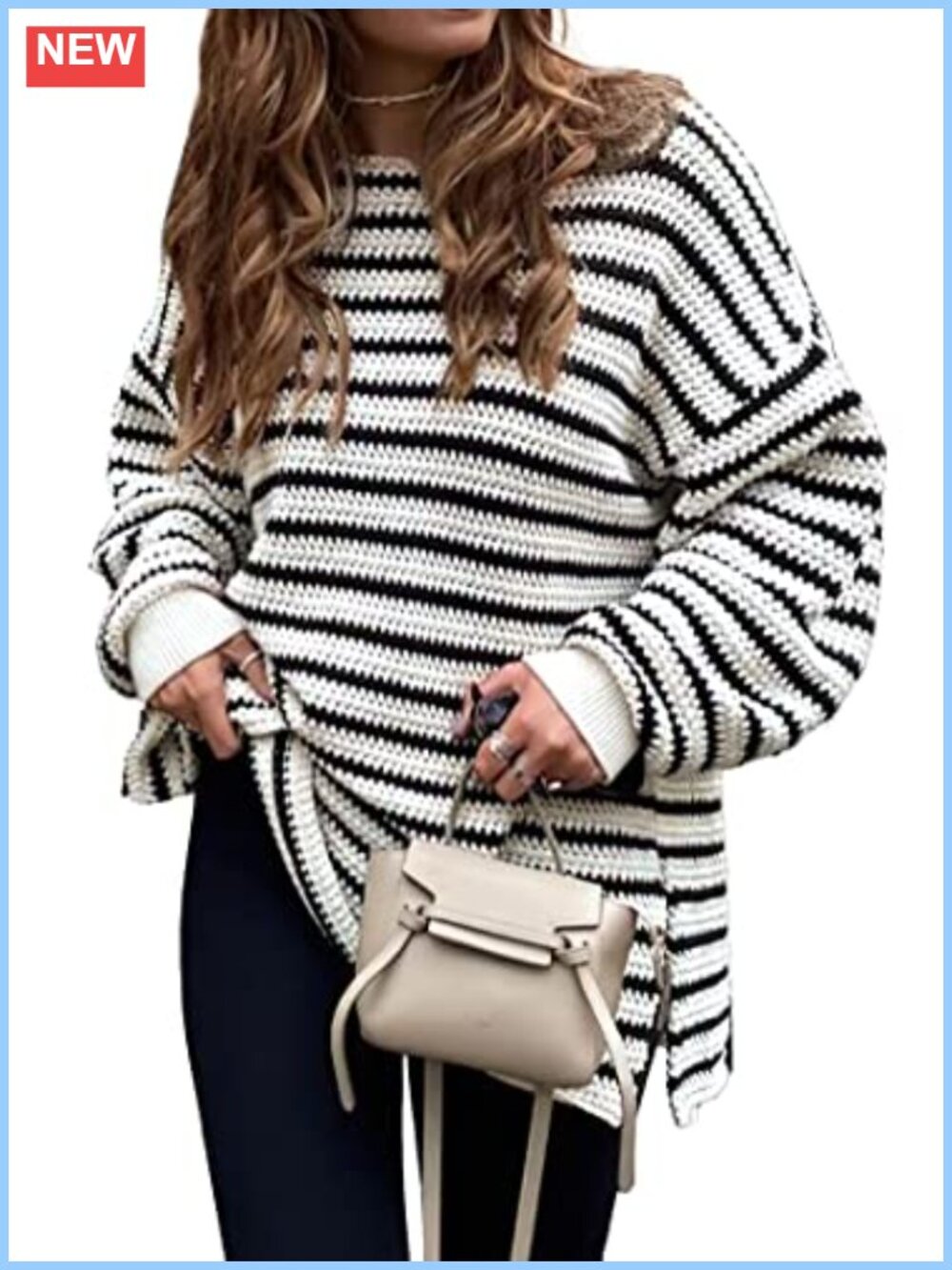 Oversized Striped Crewneck Long Sleeve Pullover Sweater Chunky Knit